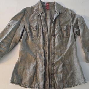 100% Linen Olsen Europe Olive Utility Shirt Blazer With Roll Up Sleeves